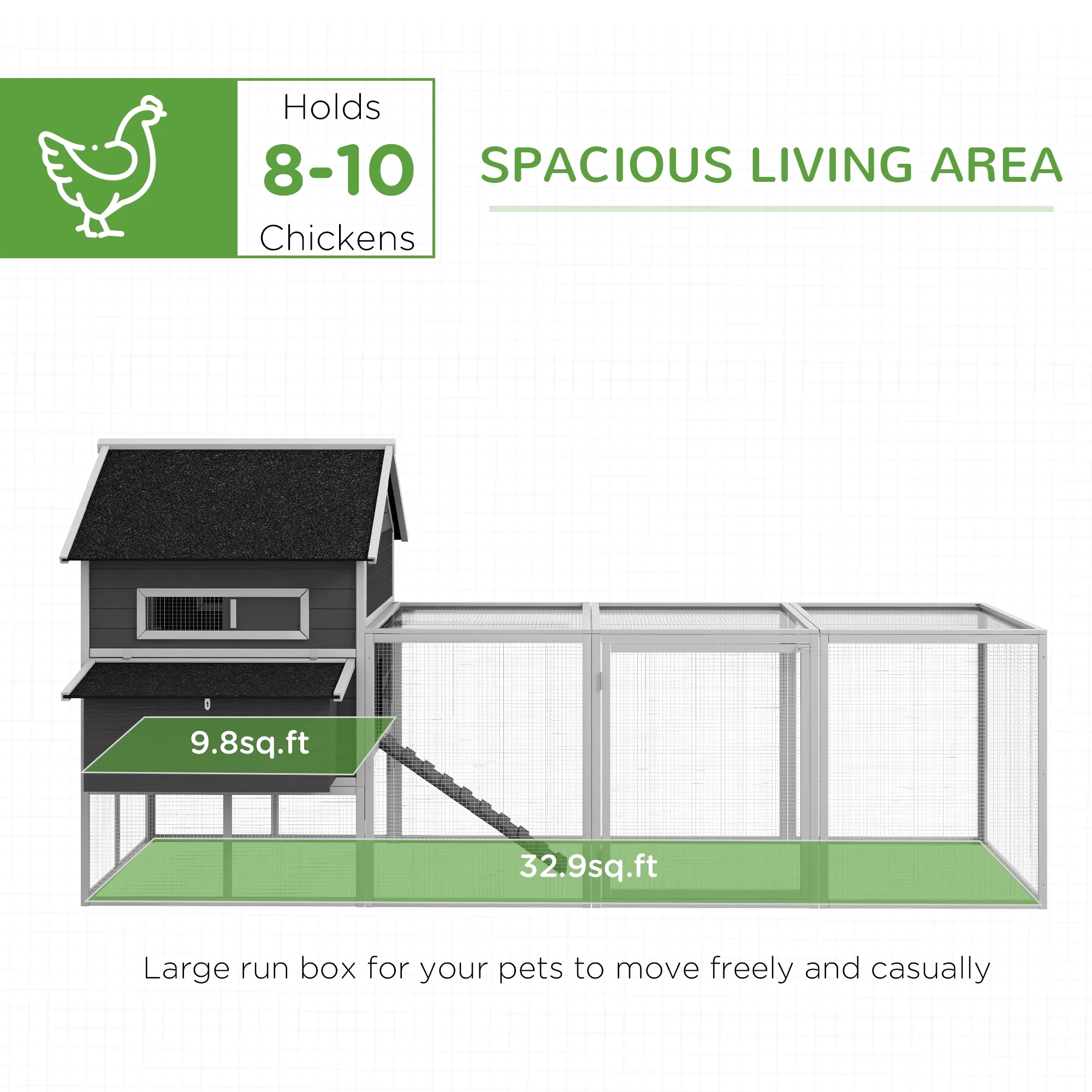 PawHut 137" Wooden Chicken Coop for 8-10 Chickens, Backyard, Gray - Curated Treasures Market
