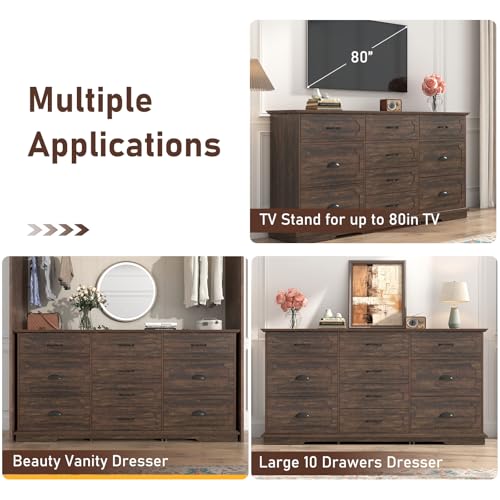 70inch Large Long Dresser w/Charging Station,10 Drawer Dresser w/Deep Big Drawers,Wooden Chest of Drawers w/Power Outlet,White Dressers for Bedroom