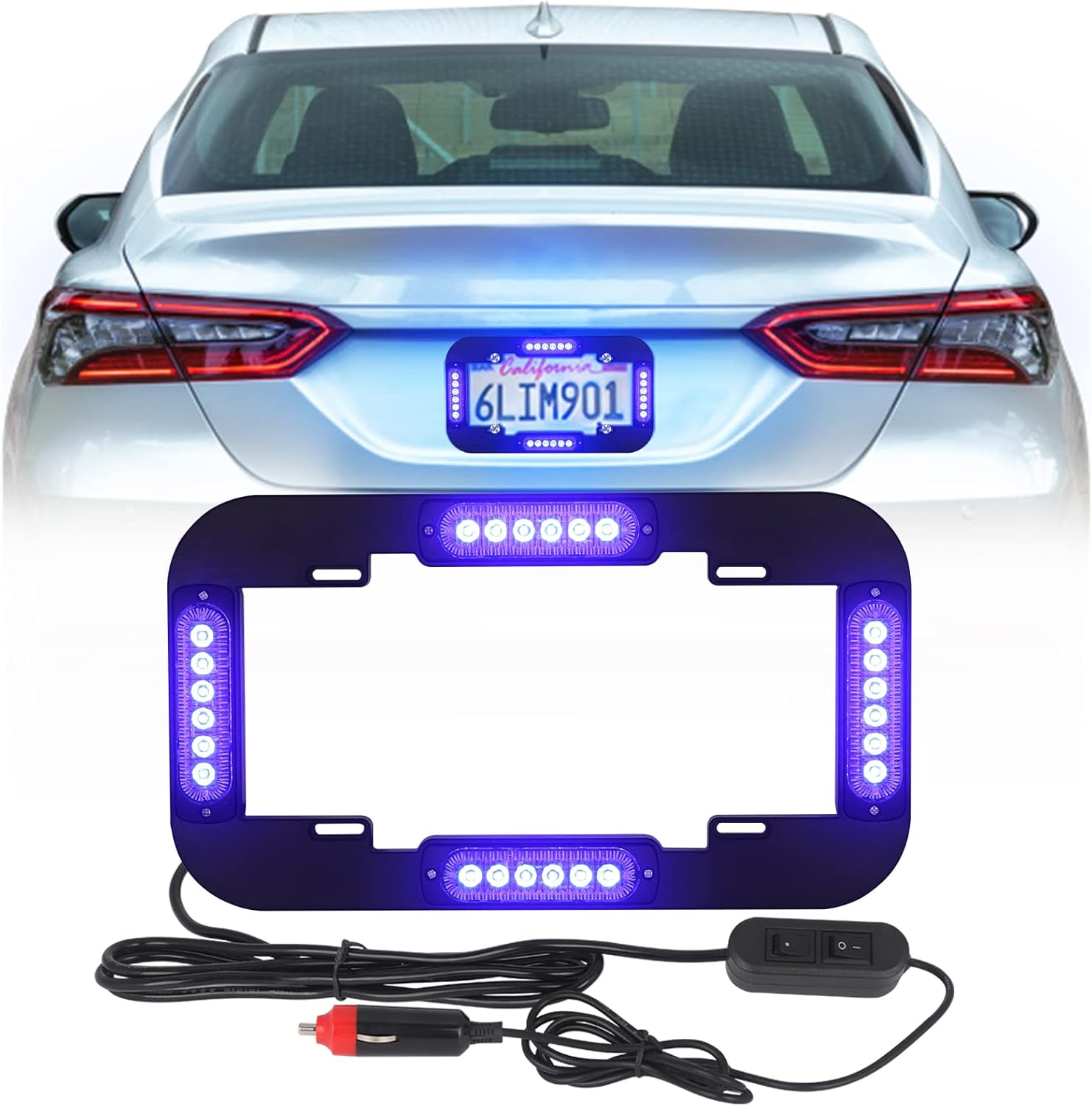 Emergency License Plate Strobe Lights Front/Rear Hazard Warning Safety Flashing Police Lights w/ Black Frames for Vehicles Trucks Cars (Red and Blue