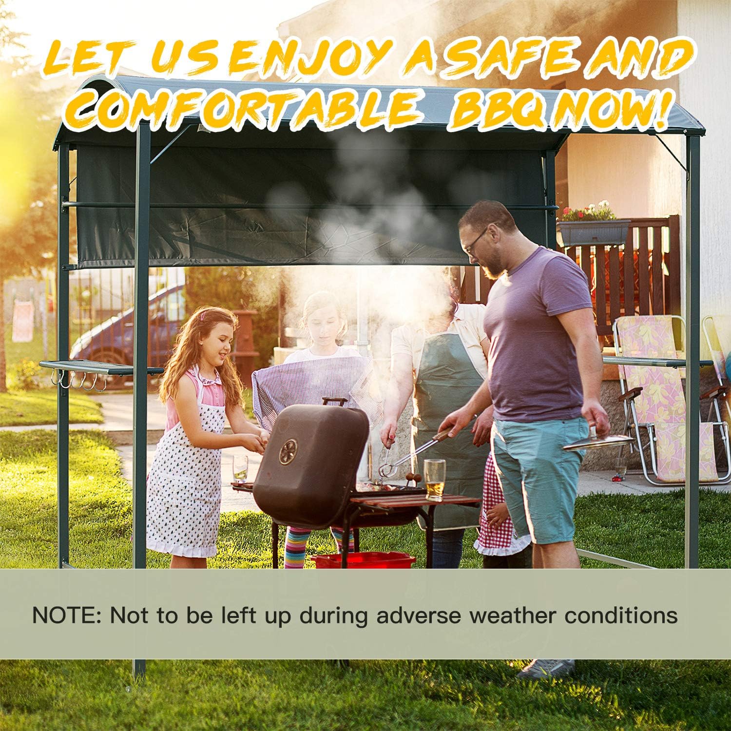 Outsunny 7FT Grill Gazebo BBQ Canopy with Sun Shade Panel Side Awning, 2 Exterior Serving Shelves, 5 Hooks for Patio Lawn Backyard