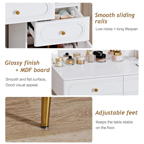 Vanity Desk with Mirror and Lights, with Power Outlet and 10 Lights Modern Capacity Makeup Vanity with 3 Drawers, Makeup Table for Bedroom