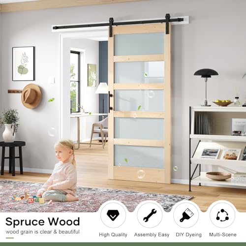 42x84 inch Glass Sliding Barn Door Slab with 7ft Hardware Kit Included, 5-Panel Frosted Glass, Spruce Wood Support DIY Dyeing, Easy Assembly