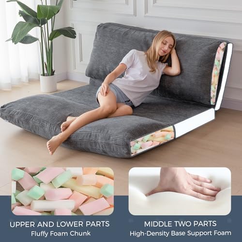 MAXYOYO Bean Bag Bed Folding Sofa Bed Floor Mattress for Adults, Extra Thick and Long Floor Sofa with Corded Washable Cover, Dark Grey, 30x95 Inch