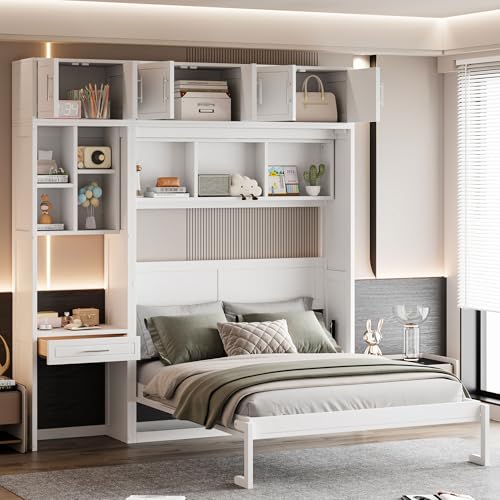 LZ LEISURE ZONE Full Size Murphy Bed, Wood Space Saving Foldable Wall Bed with Desk, Top Cabinet and Storage Shelves, White