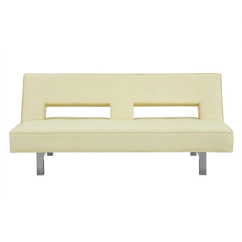 Modern Convertible Futon Sofa Bed with Chrome Metal Legs, European Style Reclining Futon Sofa, Faux Leather, Cream