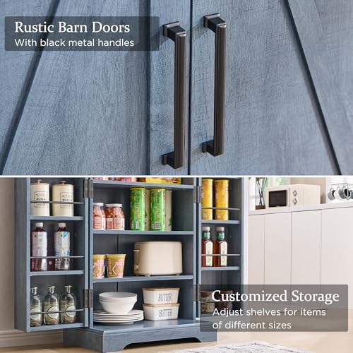 72" Tall Kitchen Pantry, Farmhouse Storage Cabinet with Barn Doors, Organizer, Drawer and Adjustable Shelves, Rustic Wood Cupboard for Kitchen