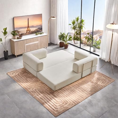 Convertible Floor Sofa Bed, Foldable Mattress Cloud Couch with Pillow Back & Armrest, Chenille Sleeper Sofa Bed with Fixed-Shape Frame