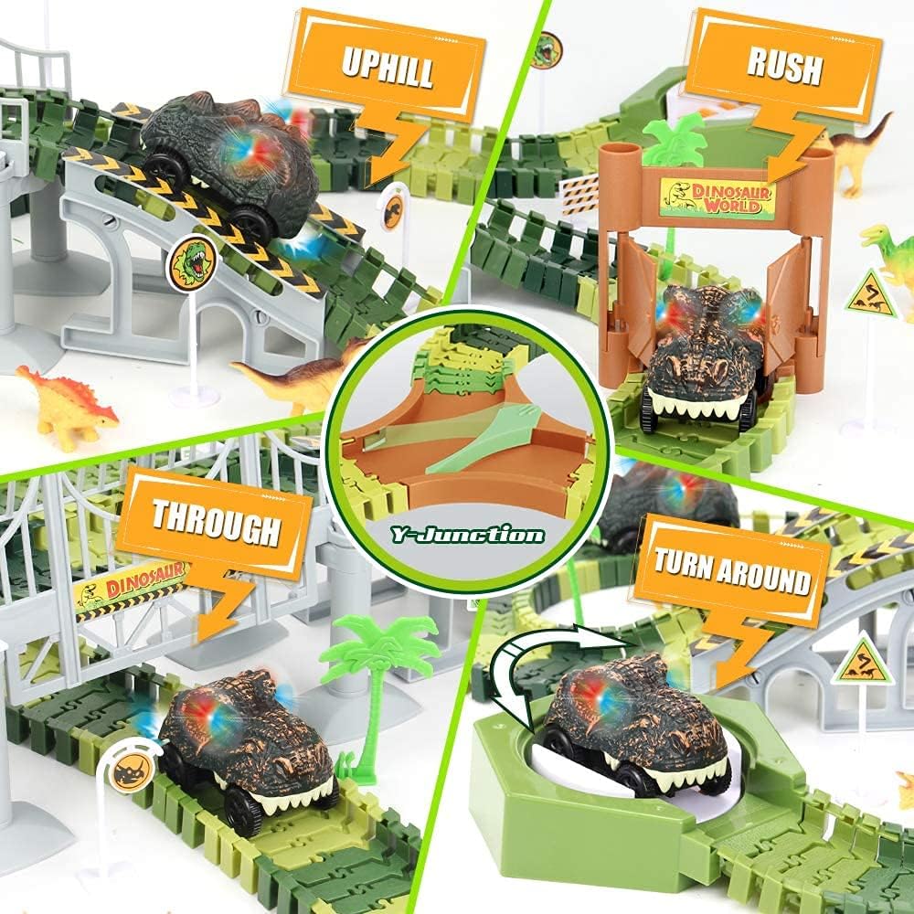 174 PCS Dinosaur Toys Race Track, Flexible Train Tracks with 8 Dinosaurs Figures
