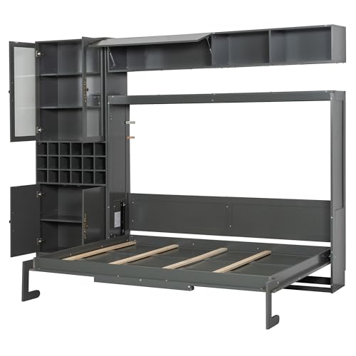 MERITLINE Queen Murphy Bed with Couch and Storage Shelves,Charging Station& LED Light