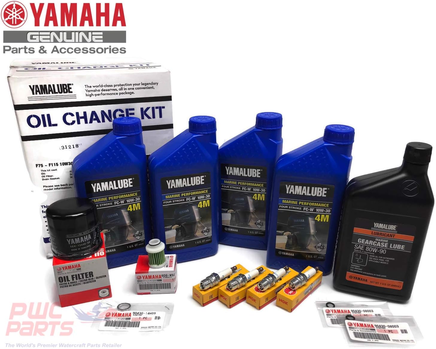 YAMAHA 2000-2005 F115 Oil Change 10W30 FC 4M Lower Unit Gear Lube Drain Fill Gasket NGK Spark Plugs LFR6A-11 Maintenance Kit