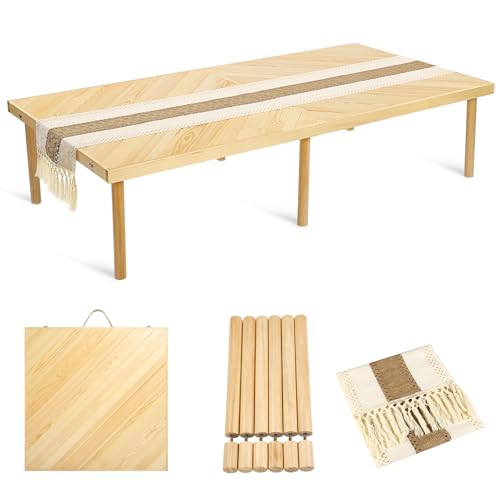 Folding Picnic Table with Table Runner, Portable Boho Low Picnic Table for Indoor Outdoor, 60" x 30" Wooden Table with Adjustable Heights for Camping
