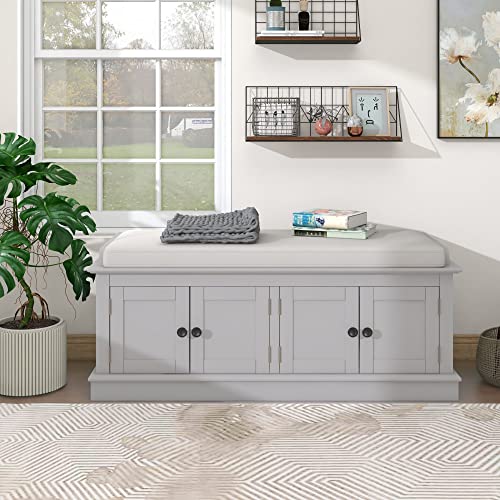 Storage Bench, Entryway Bench with 4 Doors and Adjustable Shelves