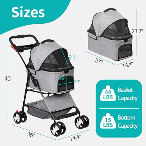 4 Wheels Foldable Pet Dog Cat Jogger Stroller Travel Carrier Strolling Cart w/Waterproof Cover Storage Basket Cup Holder &amp