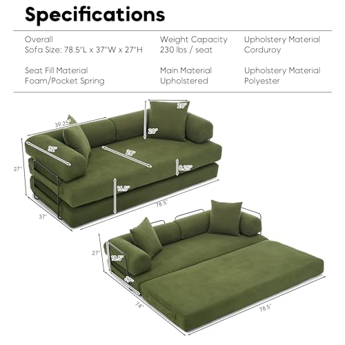 Convertible Sleeper Sofa Bed with Cylindrical Pillow, Corduroy Folding Mattress Couch with Fixed-Shape Frame