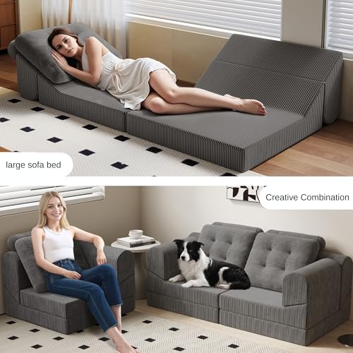 COMAX Folding Sofa Bed, Convertible Chair Bed Corduroy 3-in-1 Foldable Floor Couch with High-Density Foam, Futon Sofa Sleeper Mattress