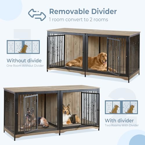 71'' Dog Crate Furniture for 2 Large Medium Dogs, XXL Wooden Indoor Double Crate Kennel Cage Large Breed with Door, TV Stand End Table with Divider