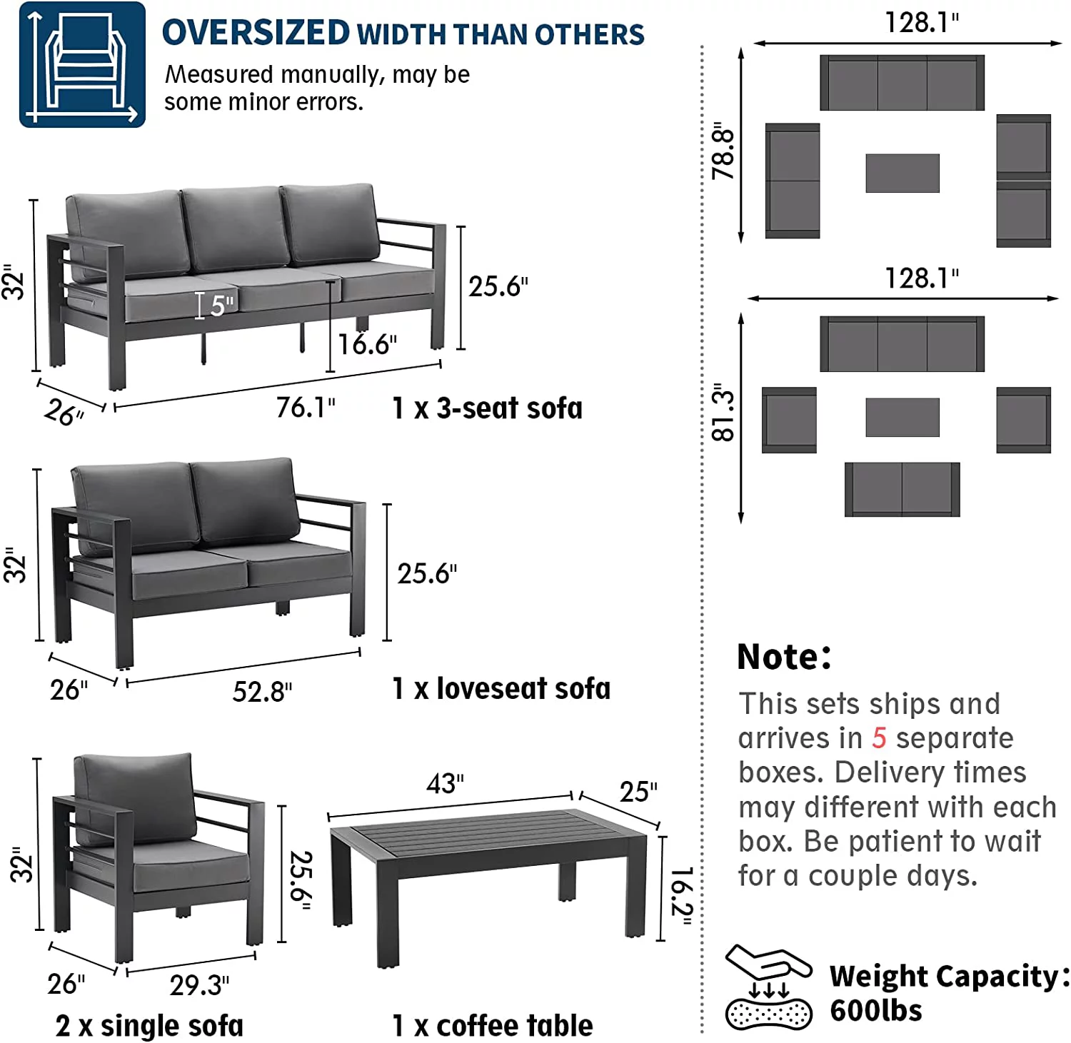 UDPATIO Aluminum Patio Furniture Set, Metal Patio Furniture Outdoor Couch, Aluminum Patio Chairs