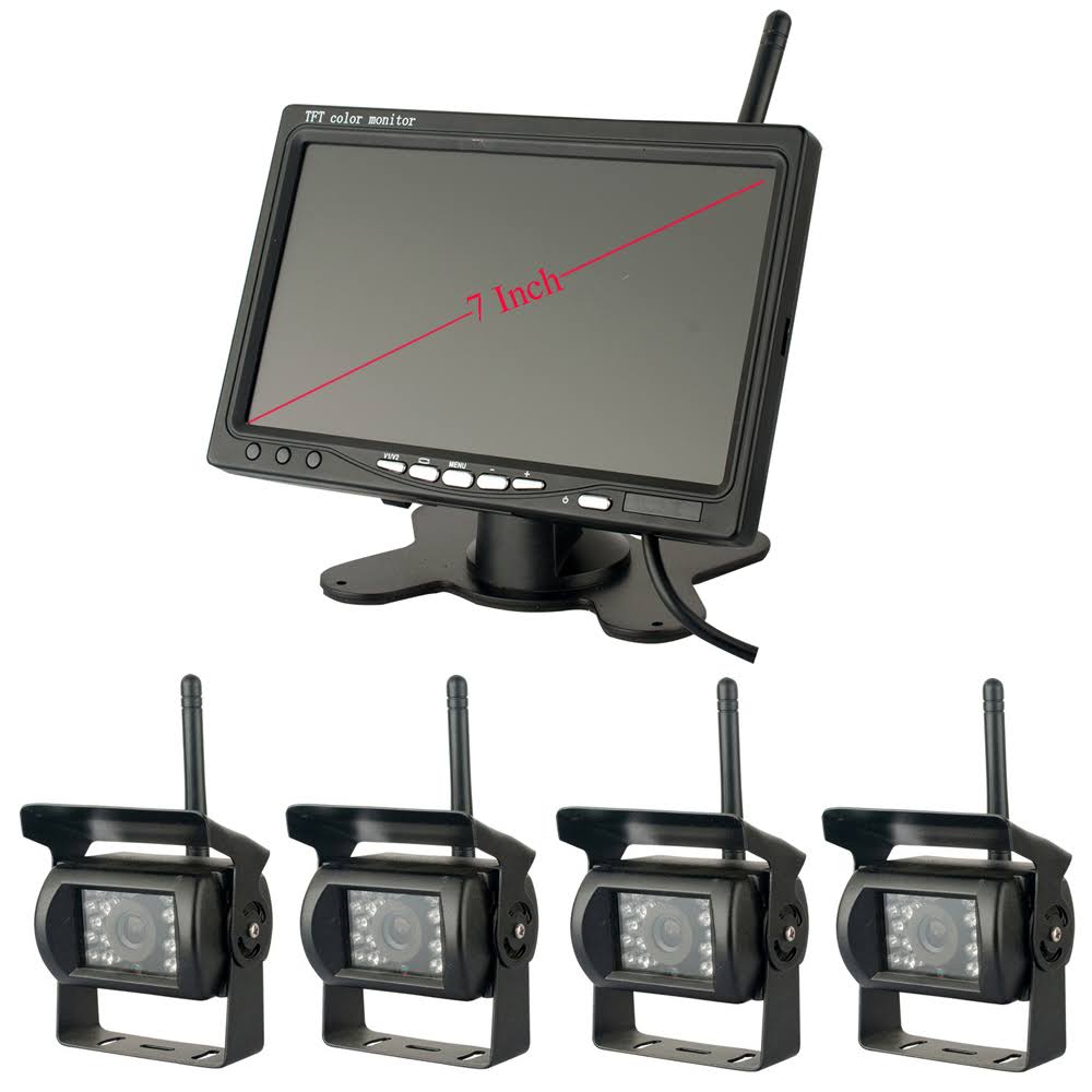 7x22 LCD Color Rear View Monitor with Wireless 4 Backup Cameras IR Night Vision Waterproof for RV Truck Trailer Bus Parking Assi