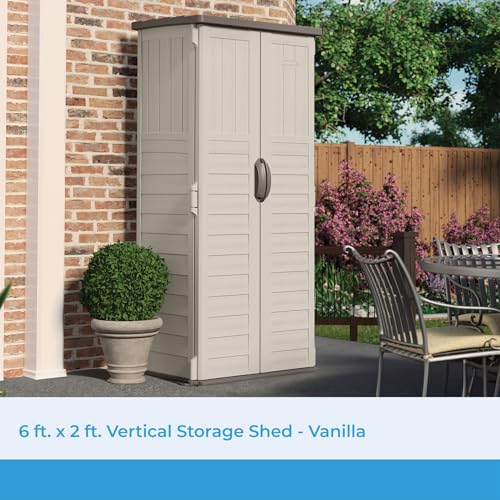 Suncast Vertical Outdoor Storage Shed with Reinforced Floor, Lockable Double Doors, All-Weather Construction, and Multi-Wall Panels, Vanilla