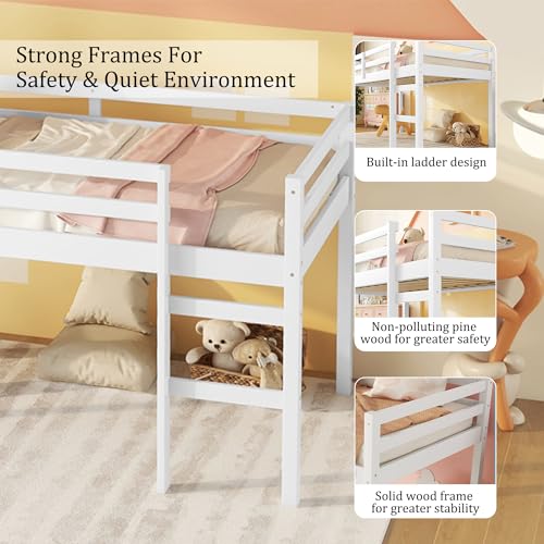 Low Loft Bed Twin Size, Kids Solid Wood Modern Loft Bed Frame with Ladder and Safety Guardrail for Girls Boys, Noise-Free,Non-Toxic Finishes