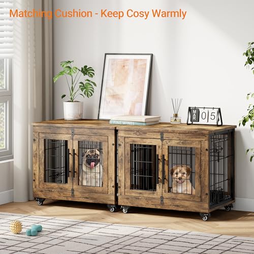 Lulive Dog Crate Furniture for Medium Dogs, 32'' Dog Kennel Indoor with Cushion & Wheels Wooden Dog Cage Double Doors Dog Crate End Table, Grey