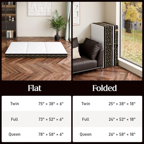 Tri-Fold Memory Foam Mattress Queen - 6 Inch Portable Folding Mattress with Handle & Washable Cover, Floor Bed with Non-Slip Base
