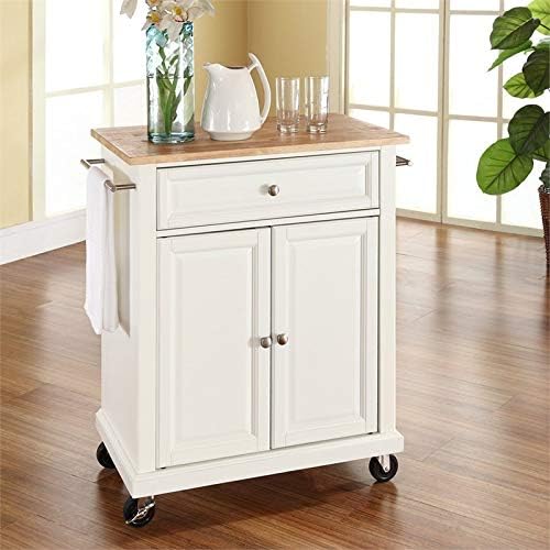 Pemberly Row Natural Wood Top Kitchen Cart in White