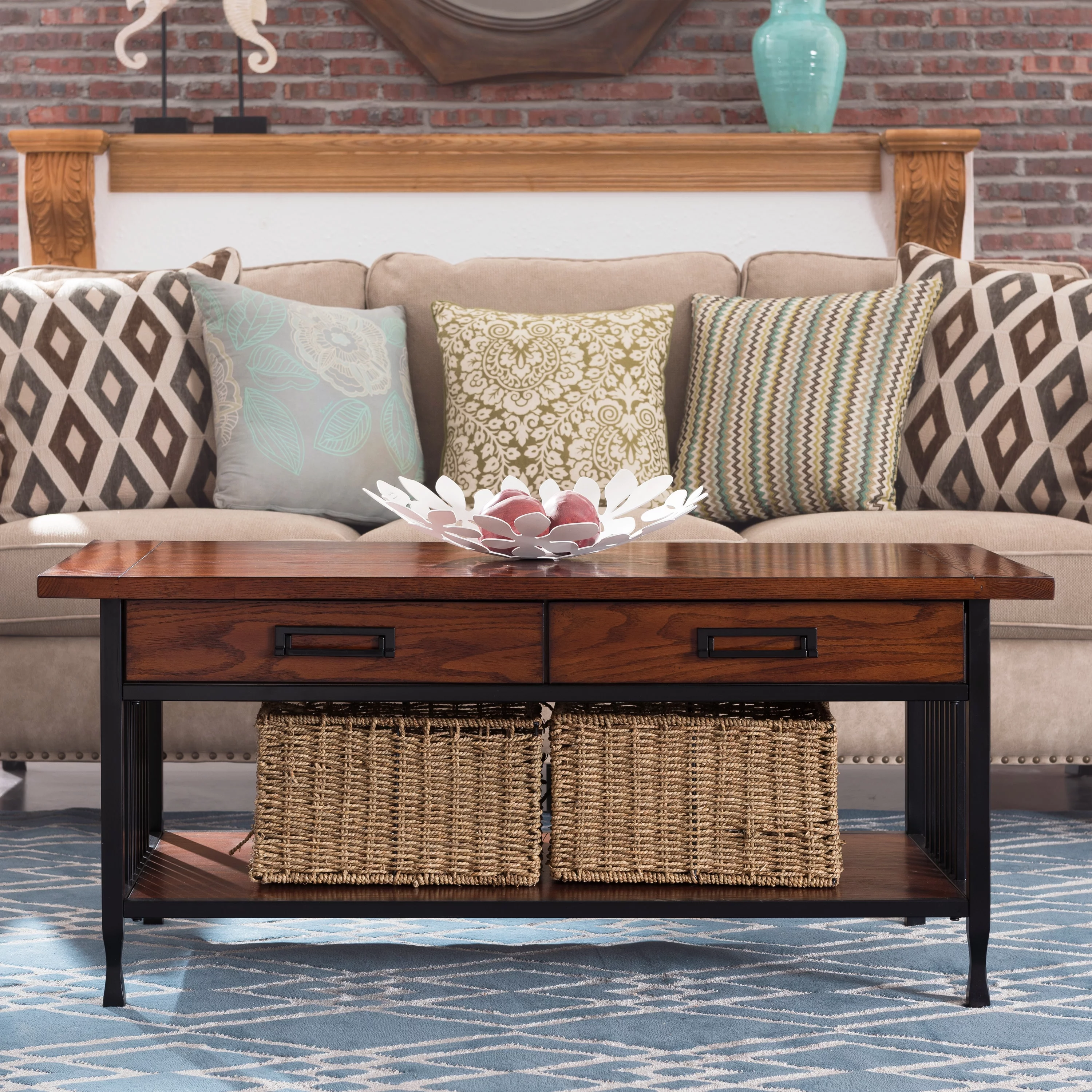 Leick Home 11204 Ironcraft Two Drawer Rustic Coffee Table with Shelf, Mission Oak and Black