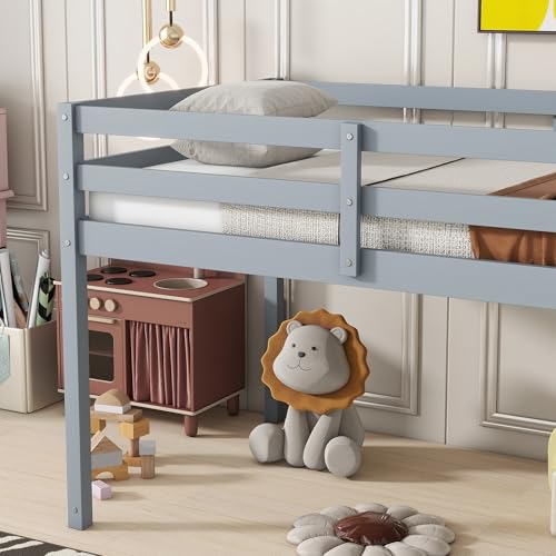 Low Loft Bed Twin Size, Kids Solid Wood Modern Loft Bed Frame with Ladder and Safety Guardrail for Girls Boys, Noise-Free,Non-Toxic Finishes