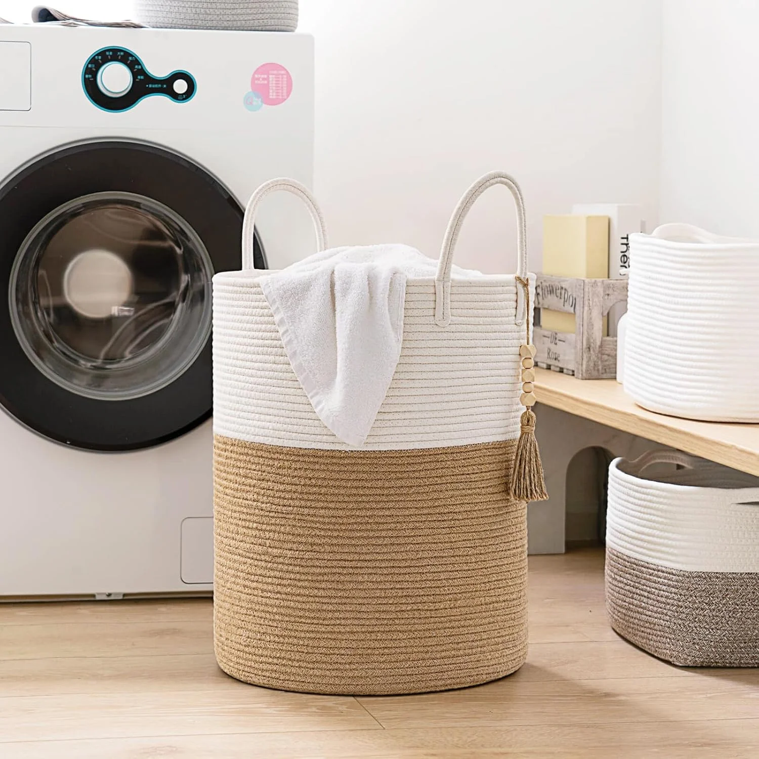 Large Laundry Basket Decorative White Basket for Blankets, Baby Storage Basket for Nursery, Living Room, Bedroom, Big Rope Hamper 17.7 x 12.6 Inches