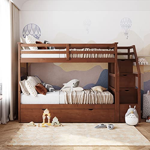 Harper & Bright Designs Twin Over Twin Bunk Bed with Trundle, Wood Bunk Bed with Storage Stairs for Kids Teens Adults (Walnut)
