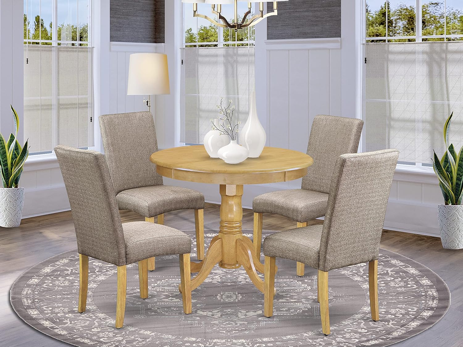 East West Furniture Antique 5 Piece Dining Set Includes a Round Kitchen Table with Pedestal and 4 Dark Khaki Linen Fabric Upholstered Parson Chairs