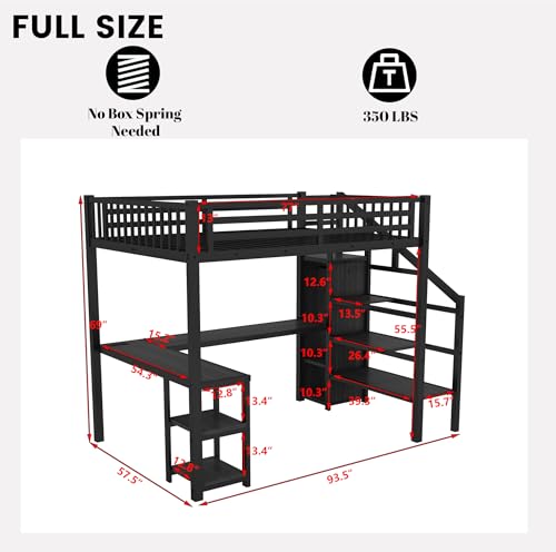 Full Size Loft Bed with Desk and Stairs, Heavy-Duty Steel Loft Bed Frame with Wardrobe & LED Light