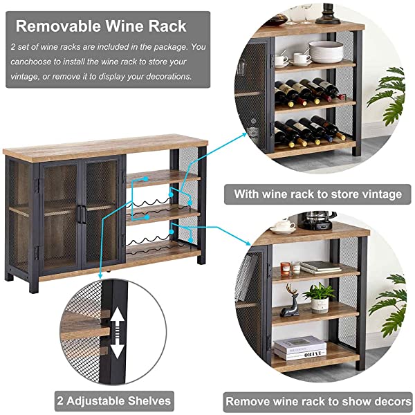 BON AUGURE Industrial Bar Cabinet for Liquor and Glasses, Rustic Wood and Metal Wine Rack Table, &nbsp;Accent Sideboard Buffet with Doors (47 Inch