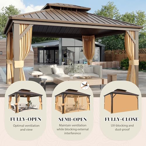 YOLENY 10' x 12' Hardtop Gazebo, Metal Gazebo with Aluminum Frame, Double Galvanized Steel Roof, Curtains and Netting Included