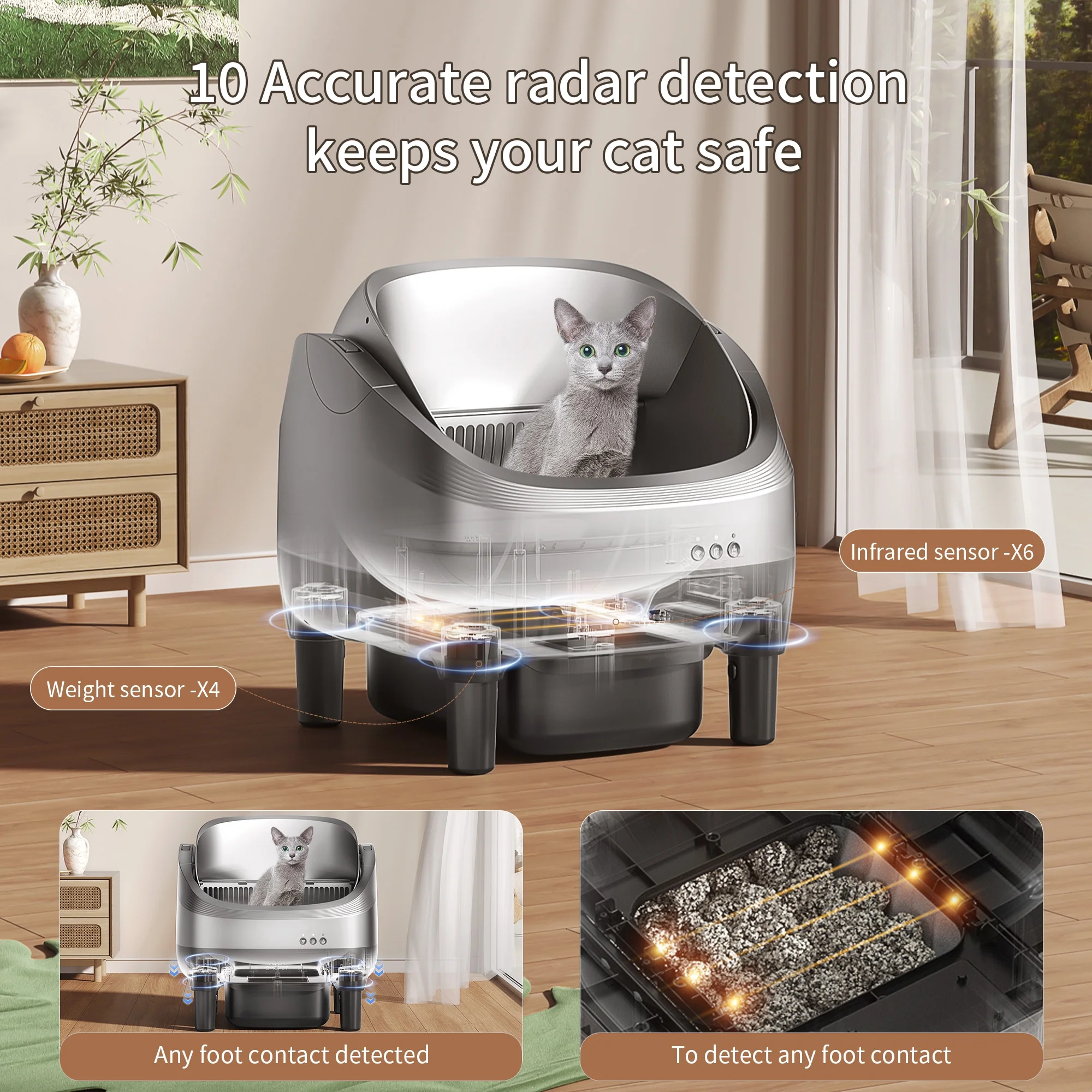OUDOSPRS Automatic Cat Litter Box Self Cleaning, Smart Litter Box for Multiple Cats with 10 Safety Sensor Radars
