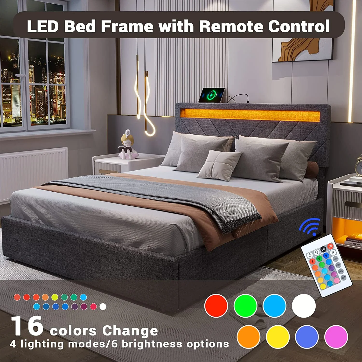 Queen Size Bed Frame with 4 Drawers, Upholstered Platform Bed with LED Lights Headboard and USB Charging Station, No Box Spring Needed, Dark Grey