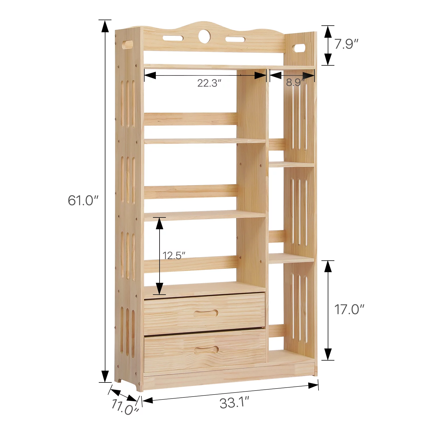 MoNiBloom Wood 5 Tiers 2 Drawers Bookcase, Display Storage Bookshelf, Natural, for Living Room