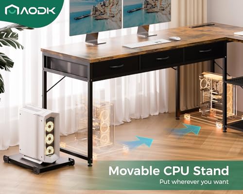 AODK 53 Inch L Shaped Computer Desk with Drawers, Corner Desk with Power Outlets & Reversible Storage Shelves
