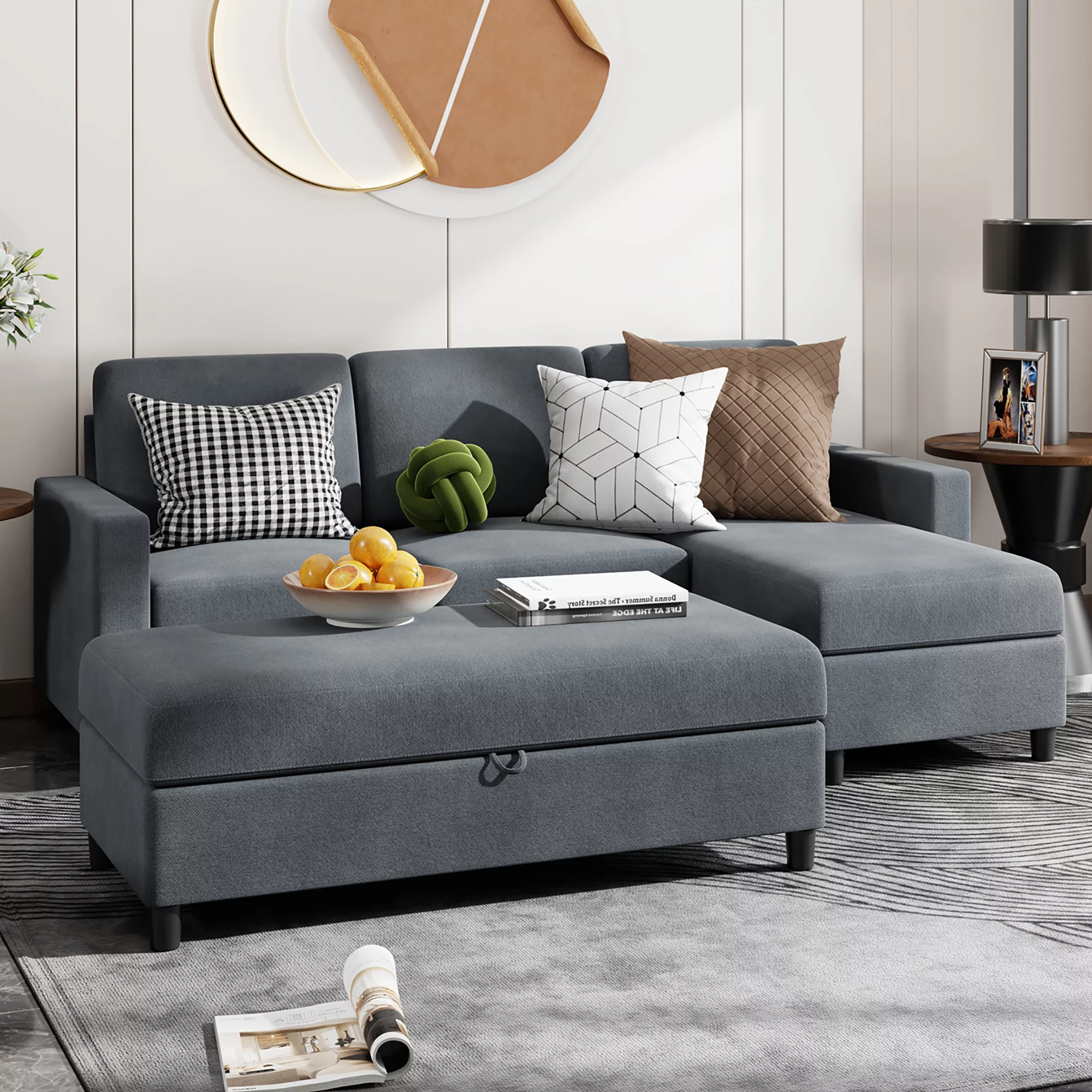 Convertible Sectional Sofa Couch with Storage Ottoman, L-Shaped Wide Reversible Chaise with Linen Fabric(Deep Grey) - Radiant Selections