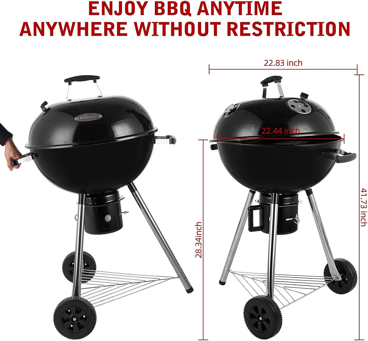 CUSIMAX Charcoal Grill Portable BBQ Grill Kettle 22.5 inch, Outdoor Grills & Smokers for Patio Backyard Barbecue Camping, Black