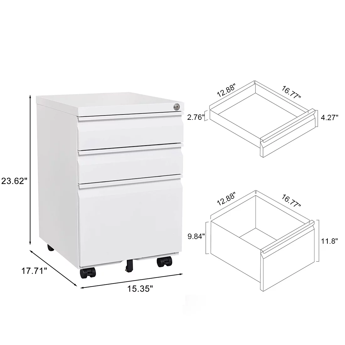 Foorsun 3 Drawer Mobile File Cabinet with Lock Under Desk Metal Filing Cabinet for Hanging Legal/Letter/A4 Size Files Storage Cabinet with Wheels