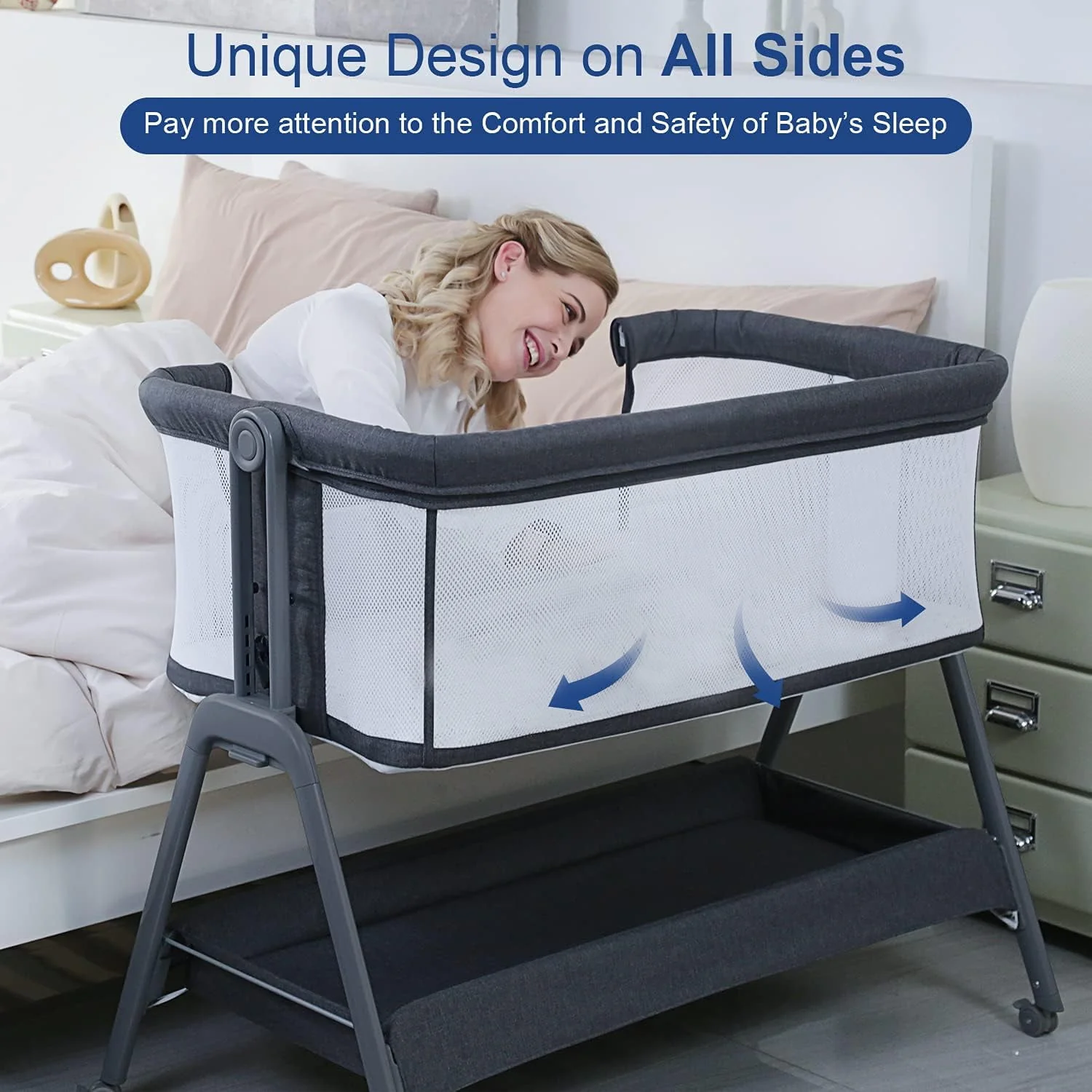 ANGELBLISS Flat Bedside Bassinet with Storage Basket, Easy Folding Portable Crib with Wheels, Included Breathable Mesh