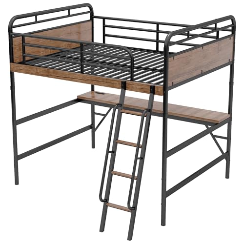 Full Size Loft Bed with Desk and Stairs, Heavy-Duty Steel Loft Bed Frame with Wardrobe & LED Light
