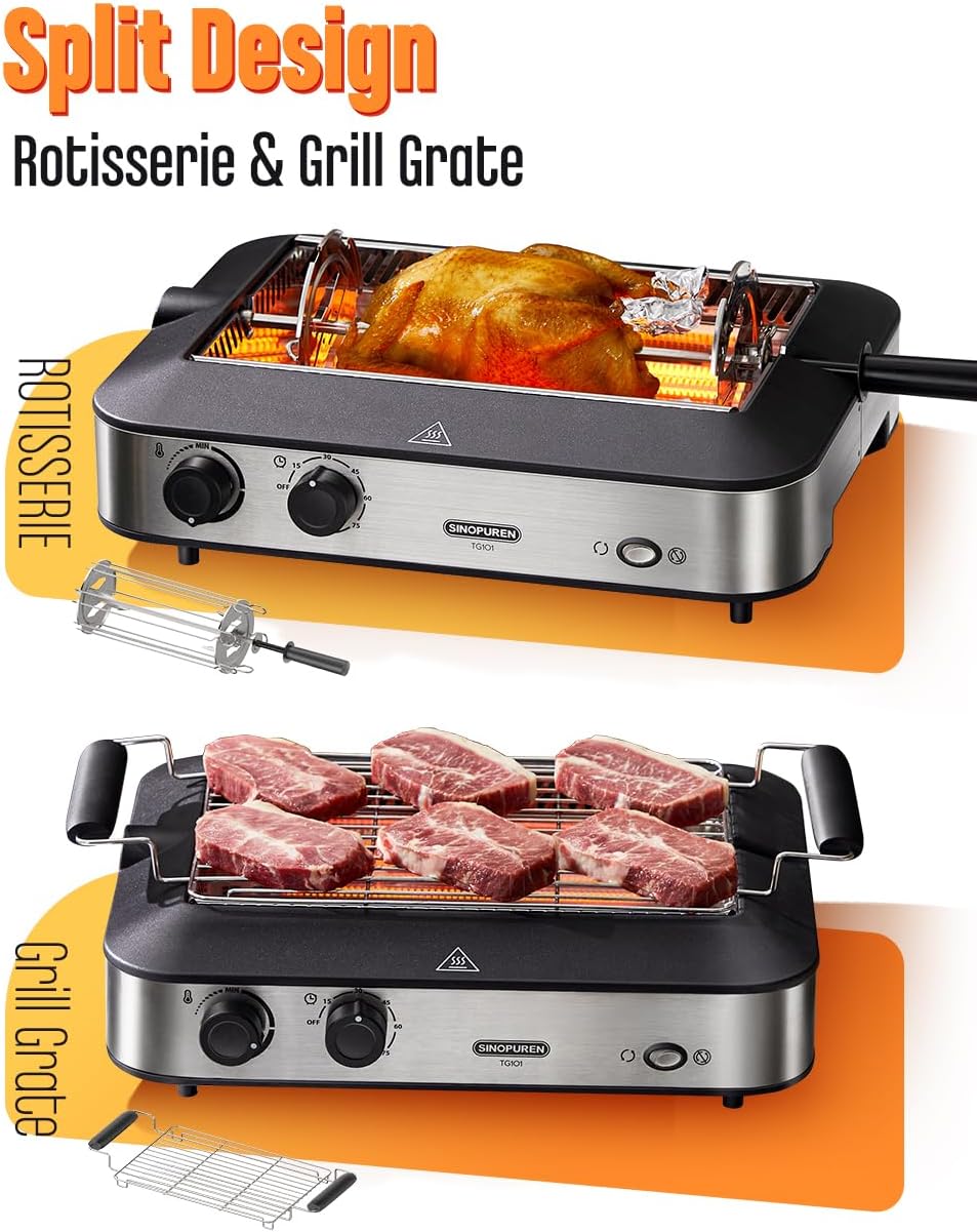 Electric Grill, Indoor BBQ Rotisserie, with Adjustable Temperature Control, Removable Grill & Griddle Nonstick Plates, 1600w Fast Heat Up