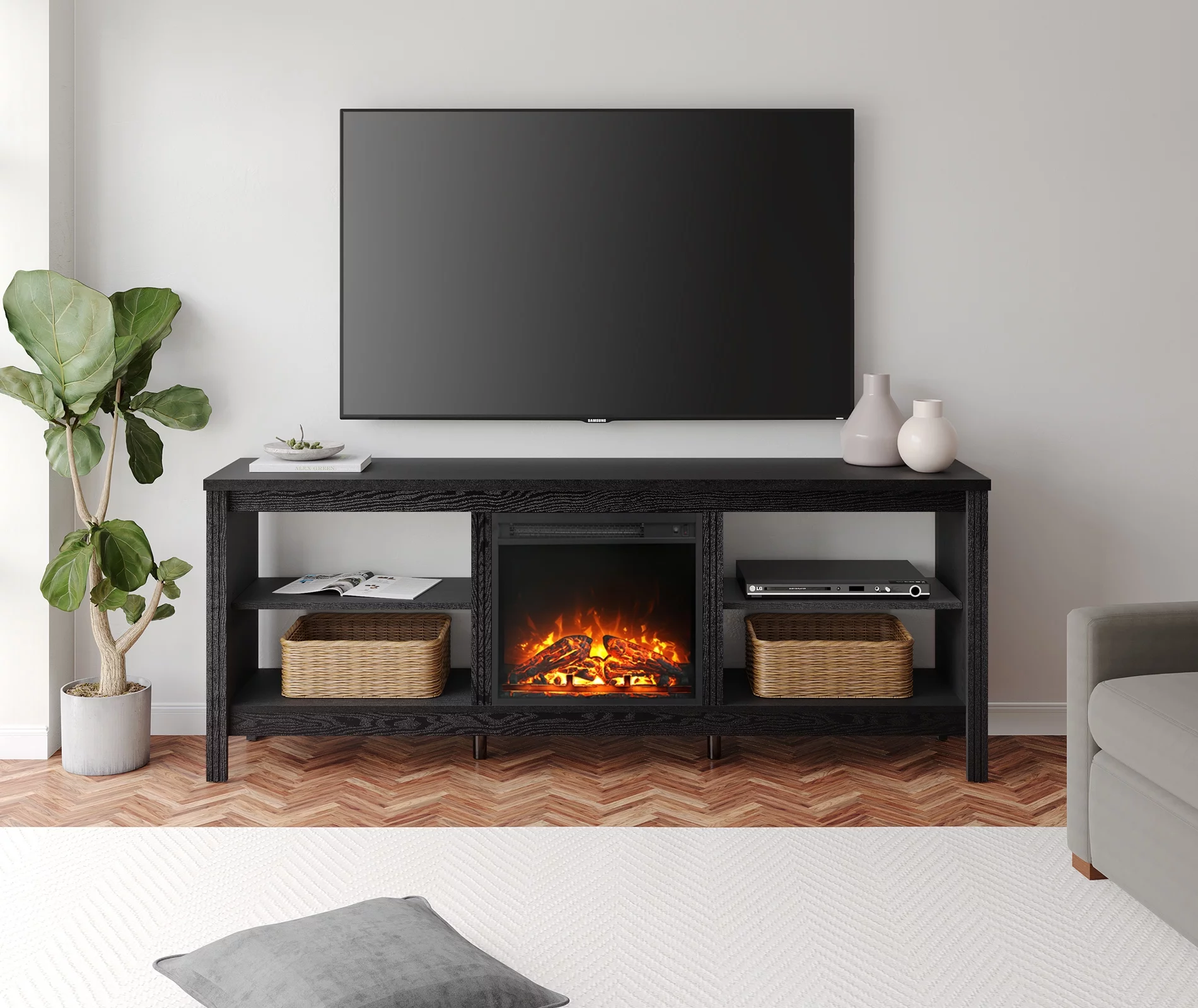 Fireplace TV Stand for 75 inch TV , Wood Entertainment Center with Electric Fireplace for Living Room Bedroom, 70 inch, Black