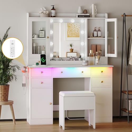 Makeup Vanity Desk with Mirror and Lights, White Vanity Table Set with Storage Drawers, Charging Station, Cabinets & Chair