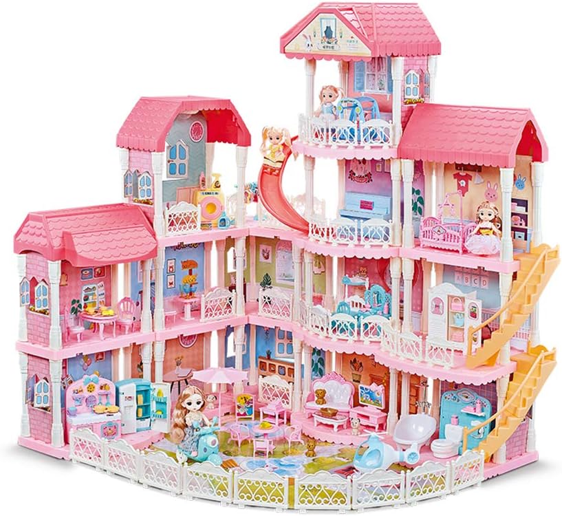 Dollhouse with Furniture Accessories 15 Rooms Pretend Play Doll House Pink Dreamhouse Movable Slides Stairs Pet & Dolls& Led Lights for Toddlers 1:12