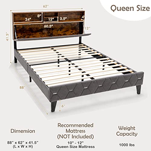 Giantex Queen Size Bed Frame with Storage Headboard, Modern Upholstered Platform Bed w/ 4 Storage Shelves & Hidden Space, Mattress Foundation