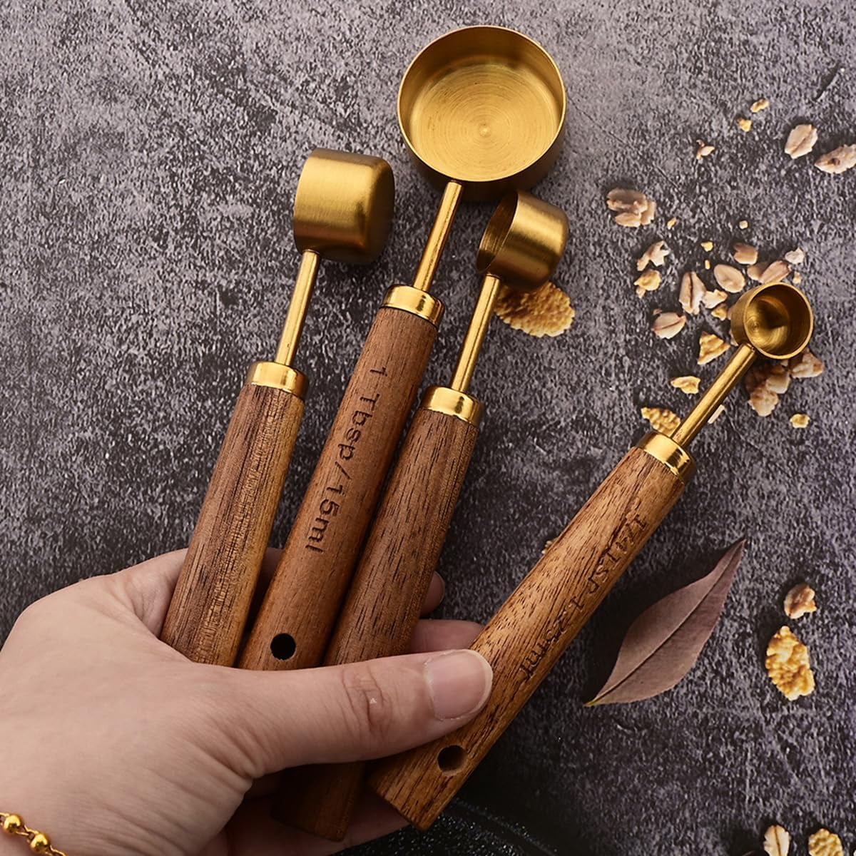 8 pieces Golden Measuring Cups Set and Measuring Spoons Set with Scale, Wooden Handle Stainless Steel Dry &amp